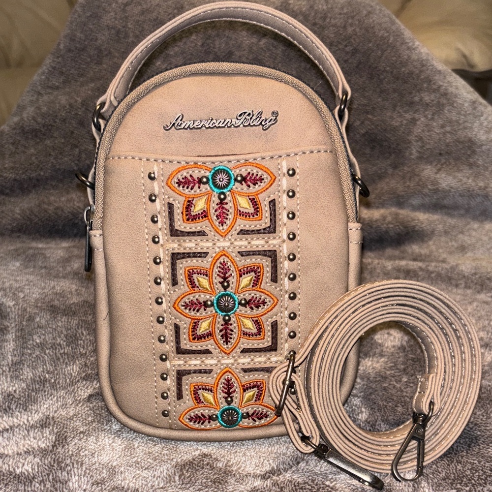 American Bling Beige Embroidered Crossbody Bag